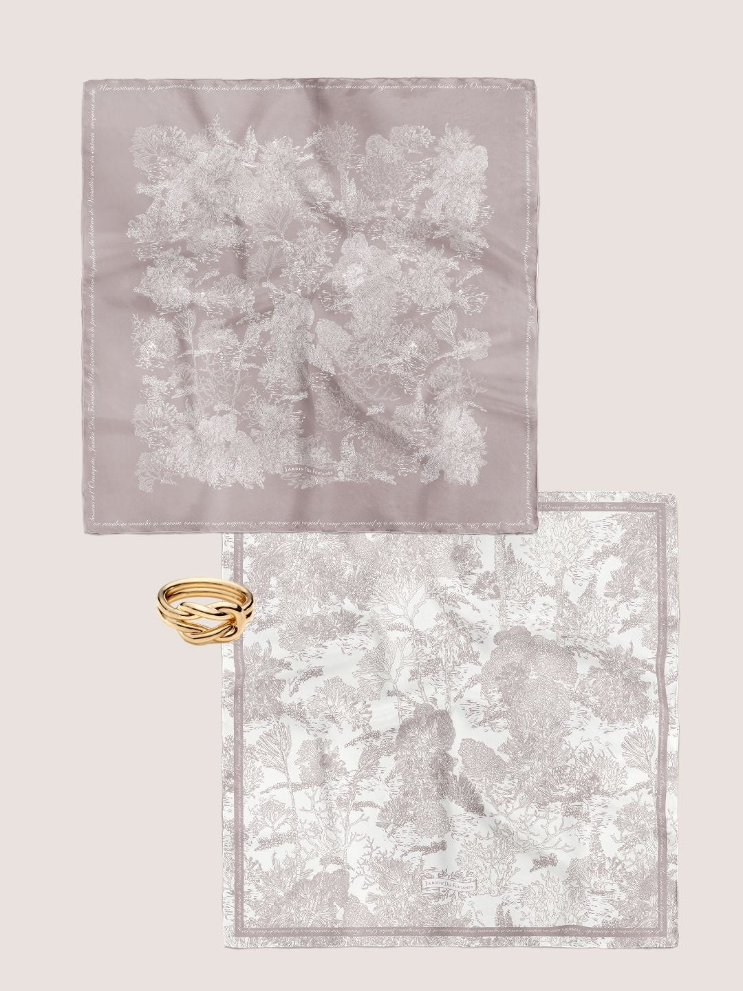 Toile De Jouy Pinkish Gray Scarf Gift Set (Double Face Silky Scarf and Scarf Ring)