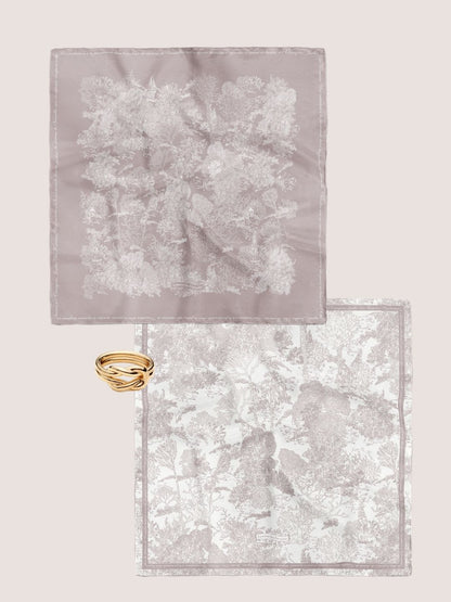 Toile De Jouy Pinkish Gray Scarf Gift Set (Double Face Silky Scarf and Scarf Ring)