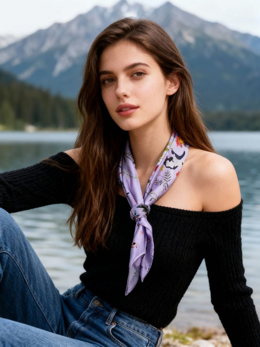 Yogis Cat and Flower Flower Purple Field Silky Scarf (60cm)