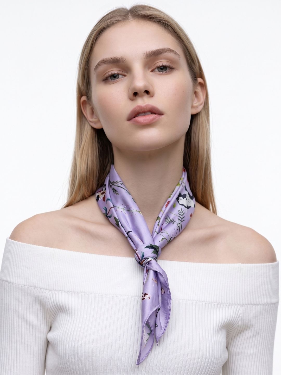 Yogis Cat and Flower Flower Purple Field Silky Scarf (60cm)