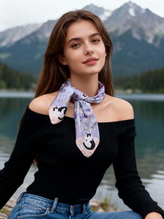 Yogis Cat and Flower Pink and Purple Silky Scarf (60cm)