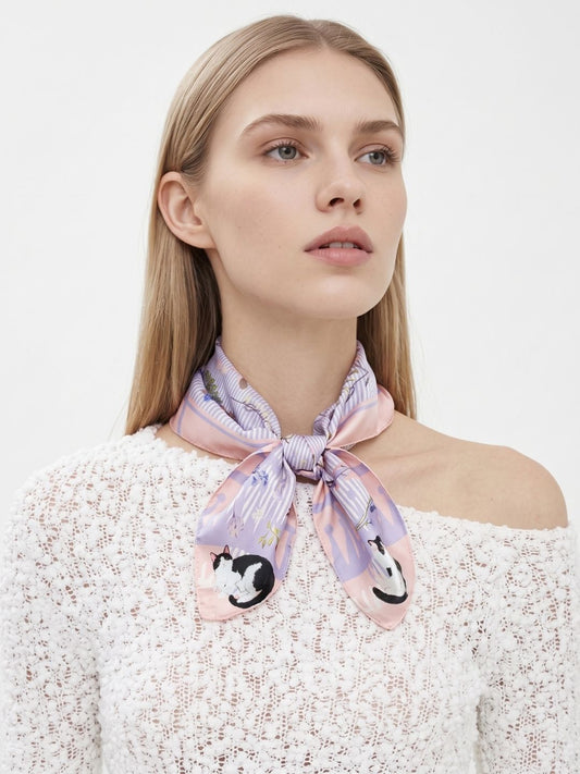 Yogis Cat and Flower Pink and Purple Silky Scarf (60cm)