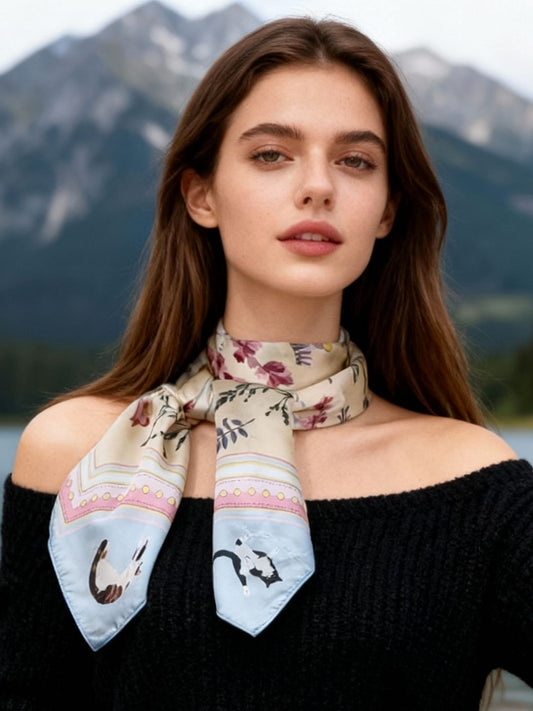 Yogis Cat and Flower Yellow Field Silky Scarf (90cm)