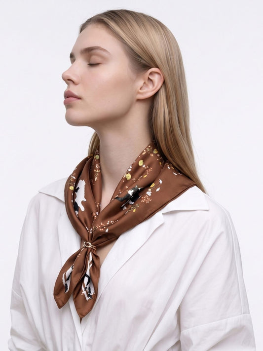 Yogis Cat and Flower Brown Tatra Mountain Scarf Gift Set (Double Face Scarf and Scarf Ring)