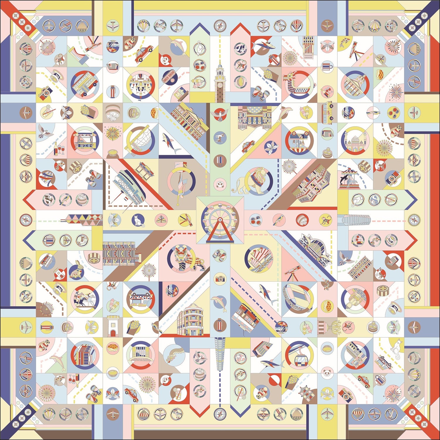 JARDIN DES FONTAINES’ Golden Years scarf blends Hong Kong’s heritage and flying chess nostalgia in stunning art. Ideal for cultural gifts.