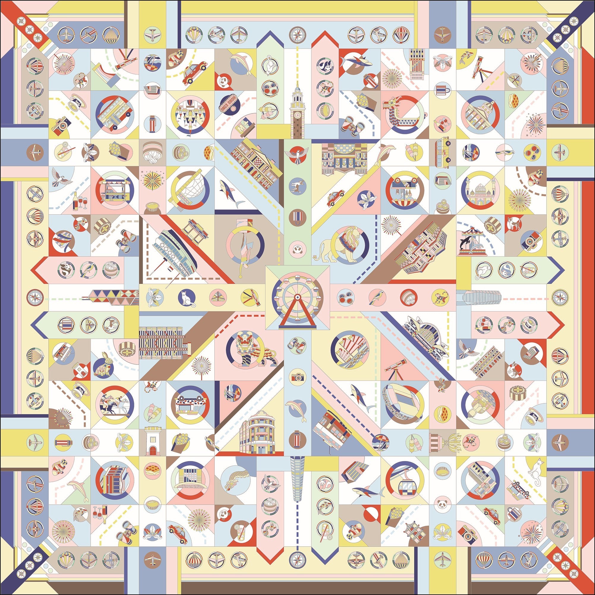 JARDIN DES FONTAINES’ Golden Years scarf blends Hong Kong’s heritage and flying chess nostalgia in stunning art. Ideal for cultural gifts.