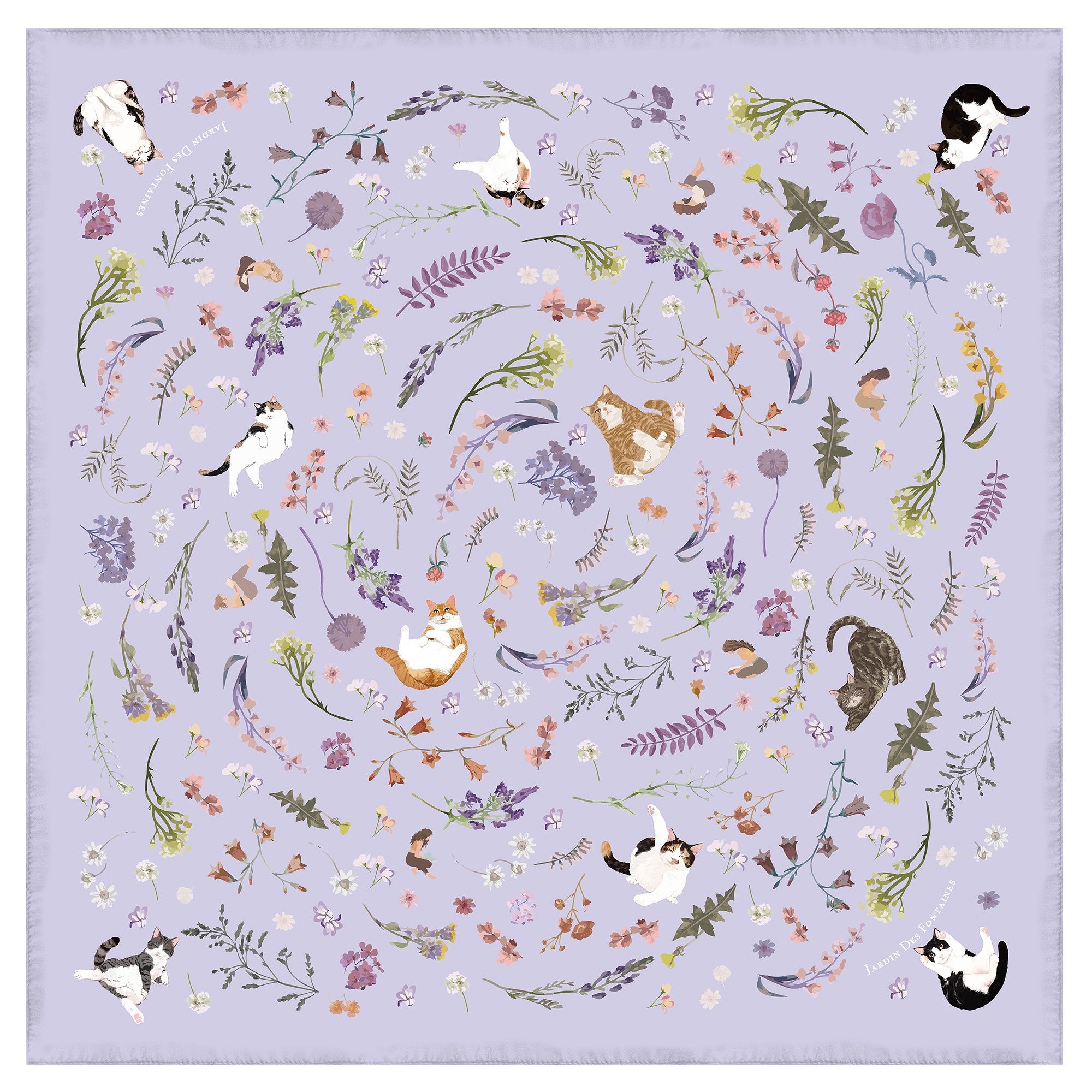 Patterned fabric with cats and flowers on a light purple background