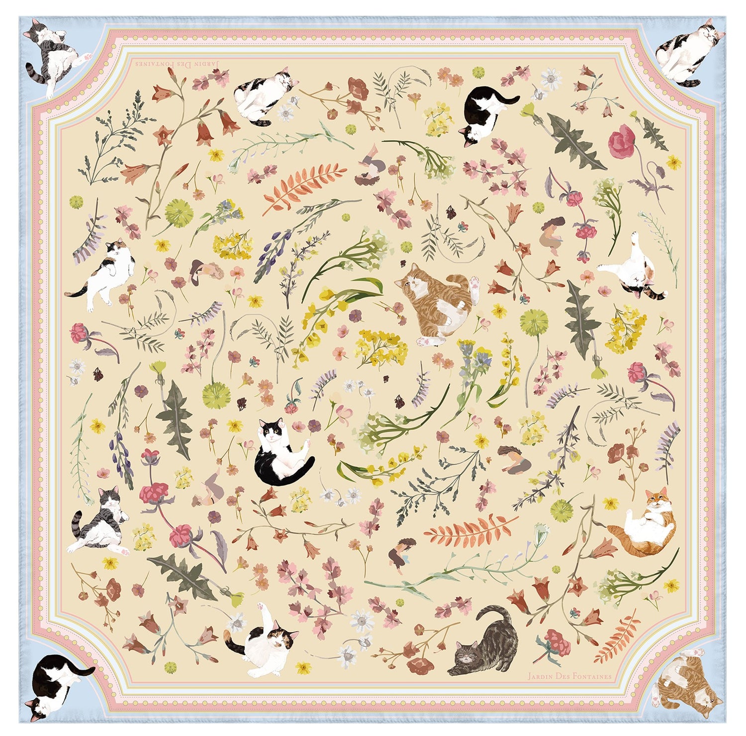 Scarf with cat and floral pattern on a beige background