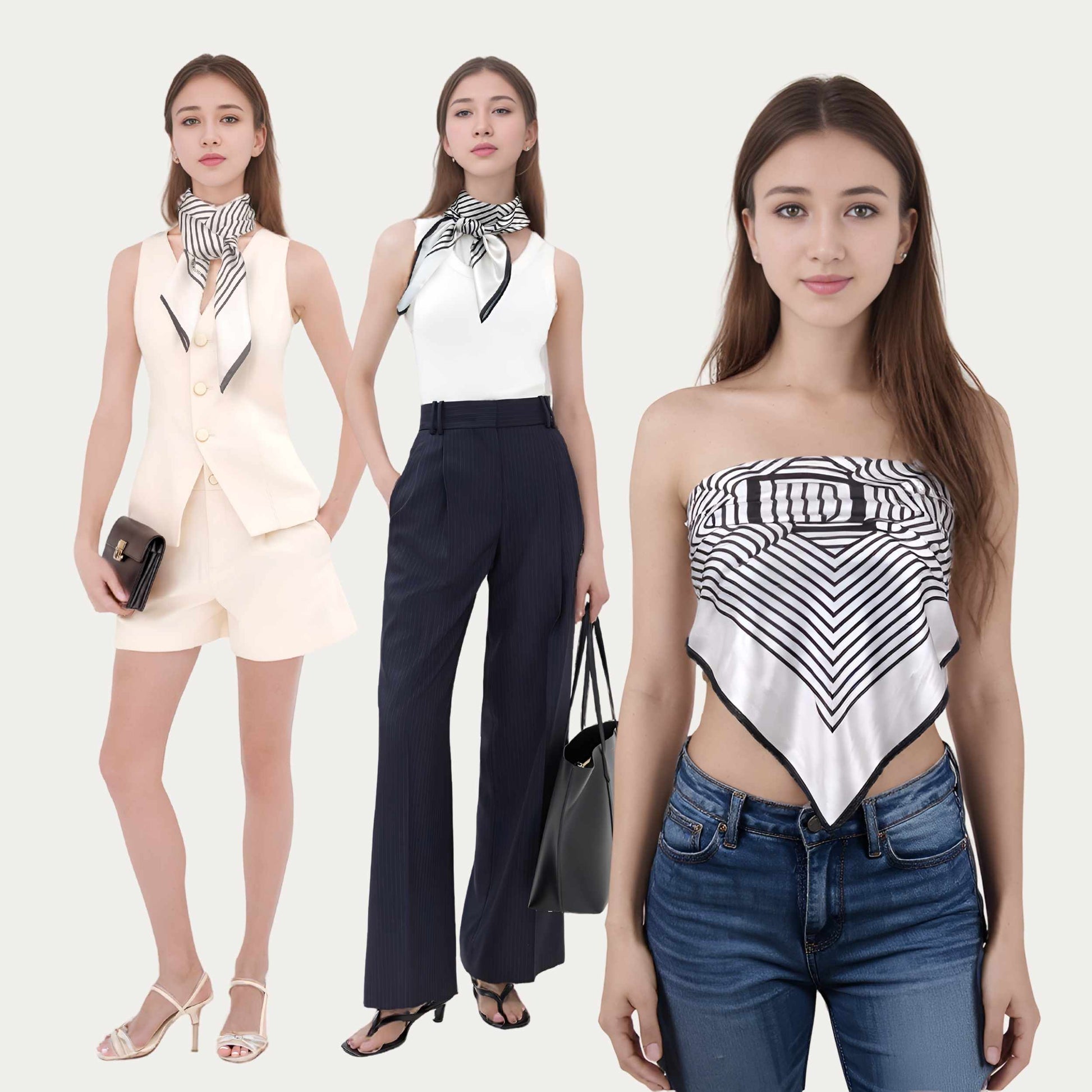Three women modeling a sleeveless dress, pants, and a top with a geometric pattern on a white background.