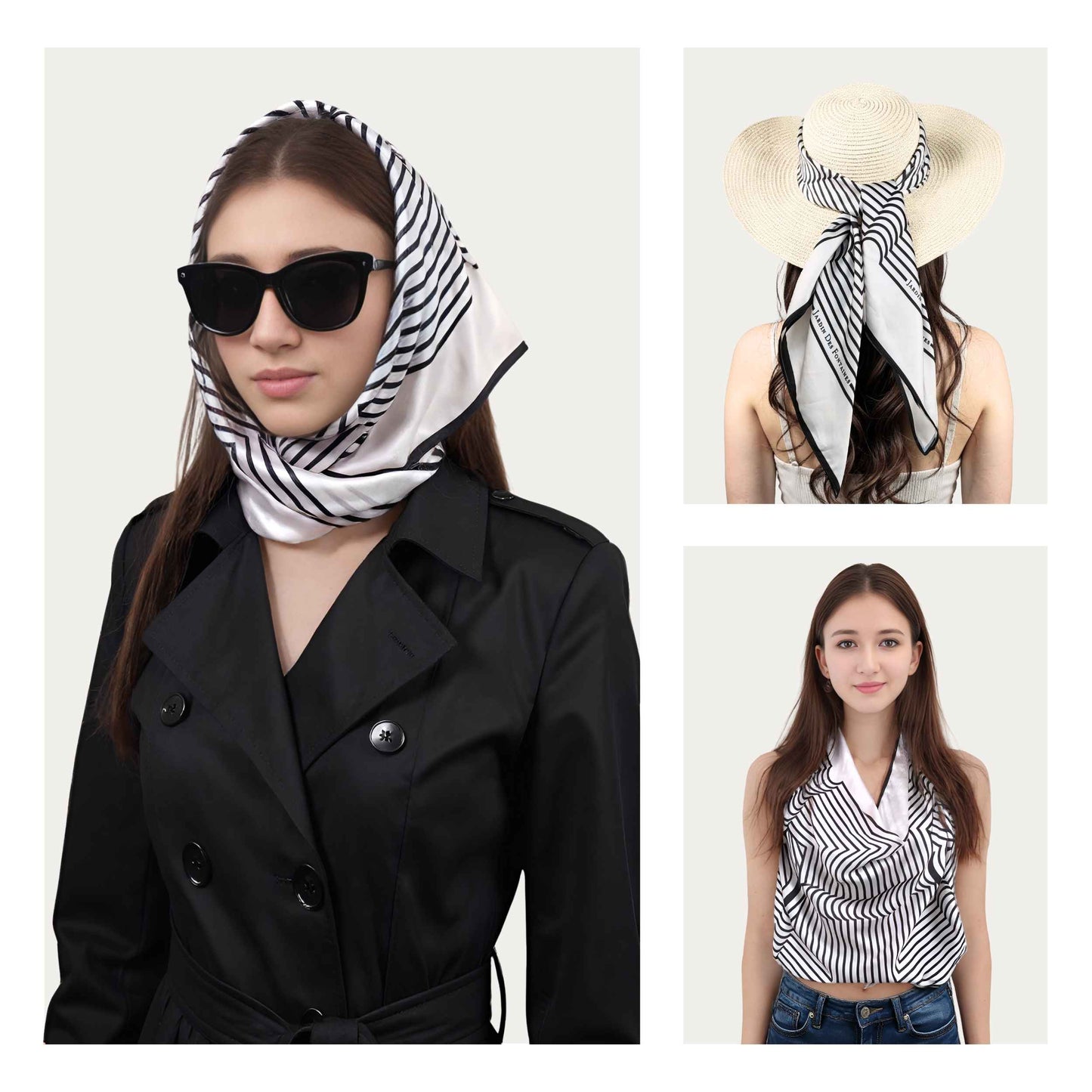 Woman wearing a black and white striped scarf with sunglasses, displayed on a plain background.