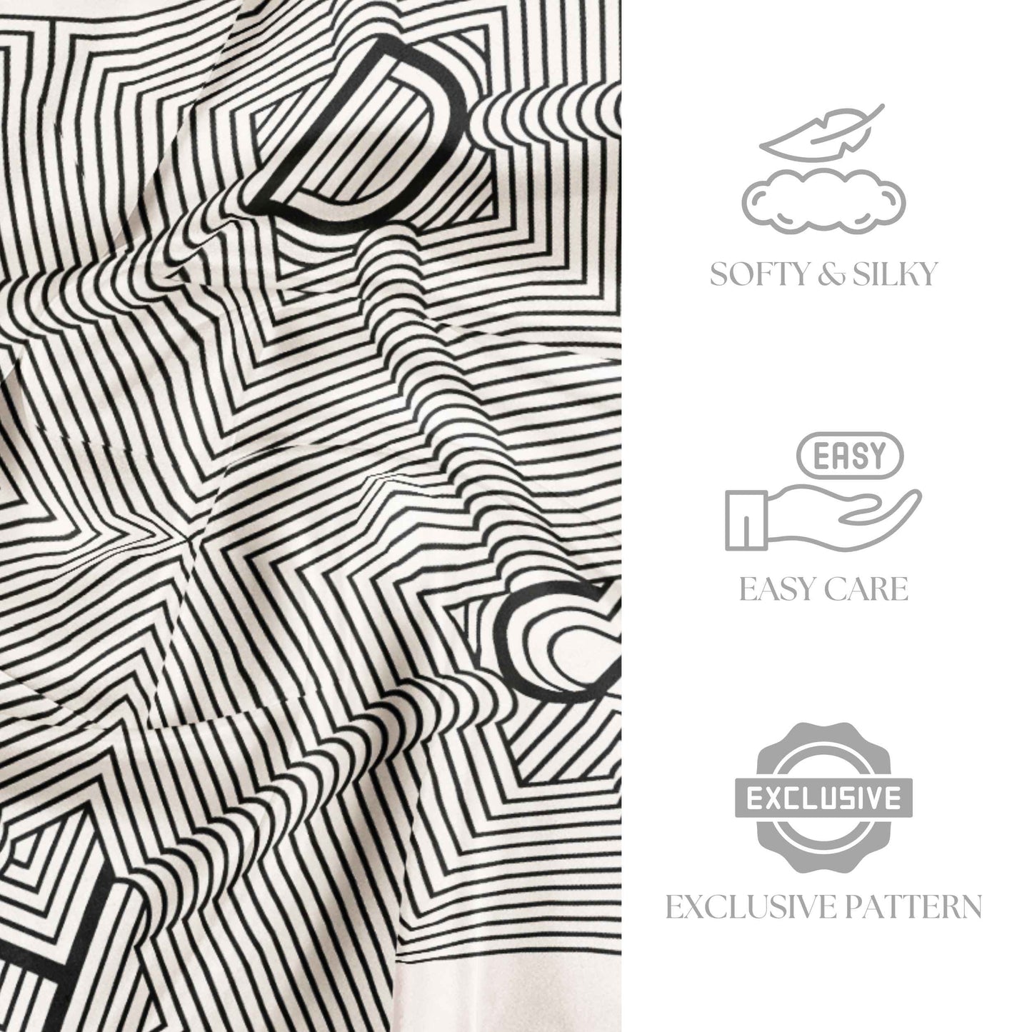 Black and white patterned fabric with softy, silky, easy care, and exclusive pattern text.