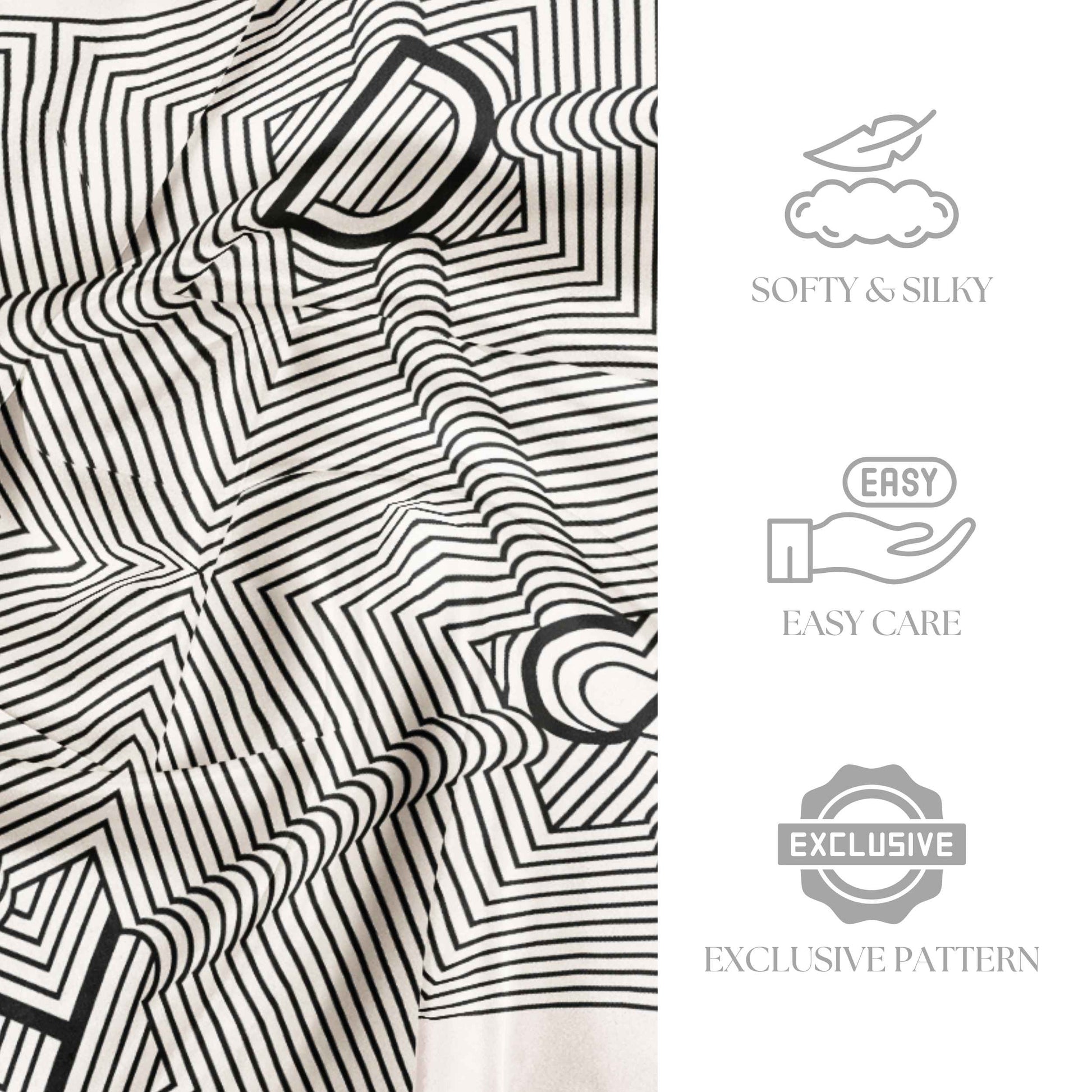 Black and white patterned fabric with softy, silky, easy care, and exclusive pattern text.