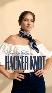 Woman wearing a blue patterned scarf over her shoulder with text 'How to Tie a Hacker Knot' on a beige background.