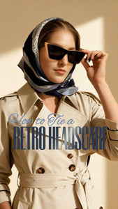 Woman wearing a retro headscarf and sunglasses with text overlay on a beige background