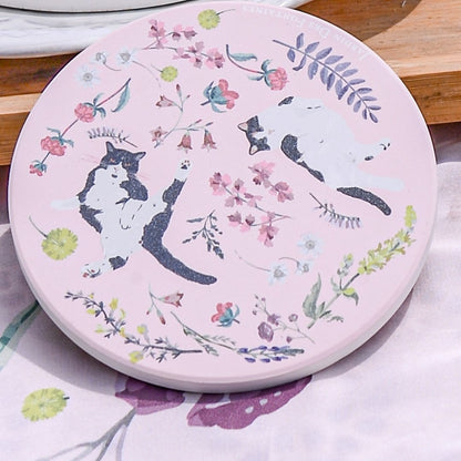 Yogis Cat and Flower Ceramic Coaster