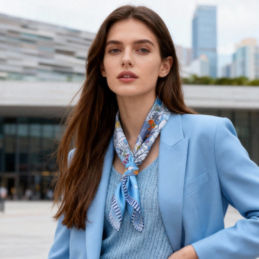 Let's Yum Cha Victoria Harbour Blue Silky Scarf (60cm)