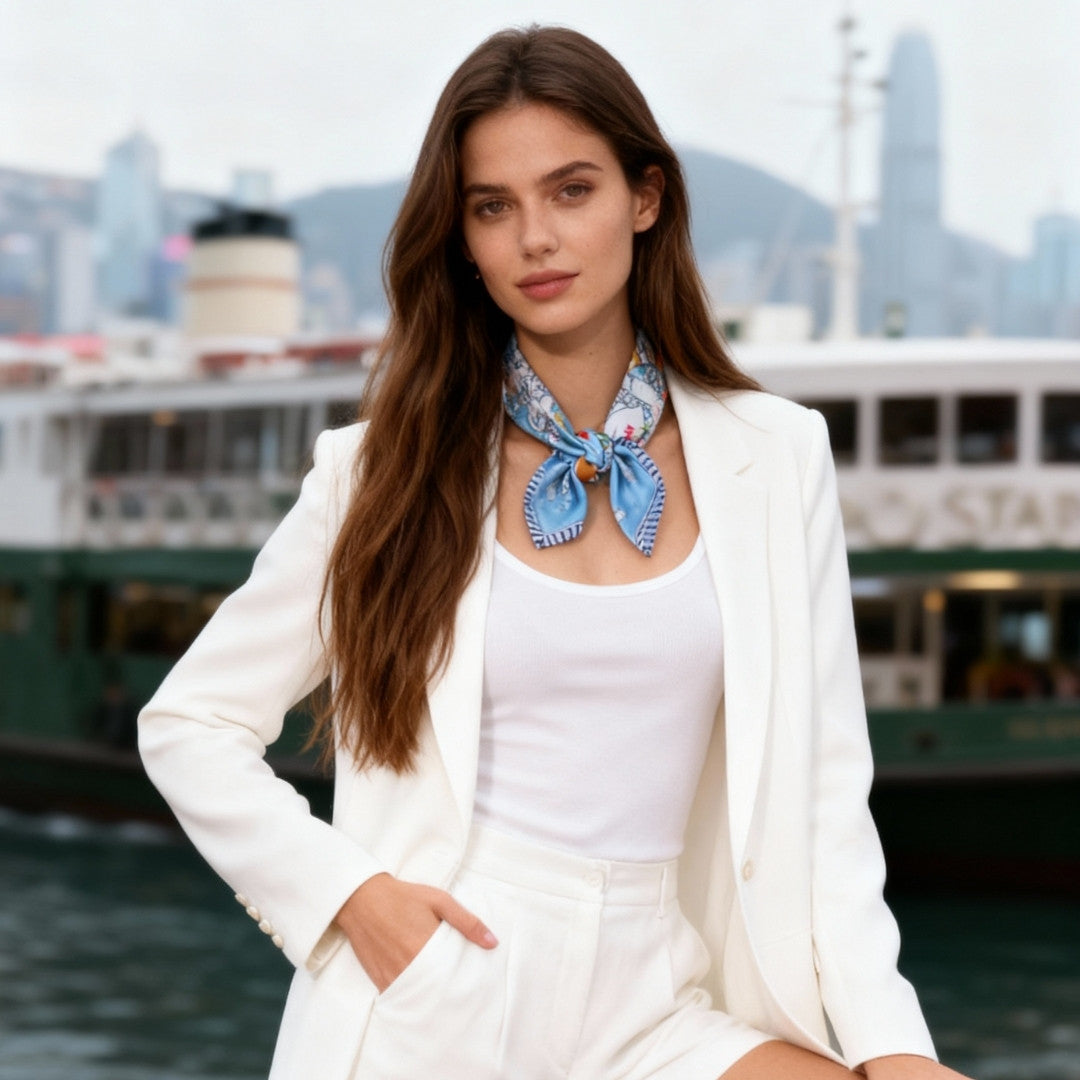 Let's Yum Cha Victoria Harbour Blue Silky Scarf (60cm)