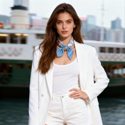 Let's Yum Cha Victoria Harbour Blue Silky Scarf (60cm)