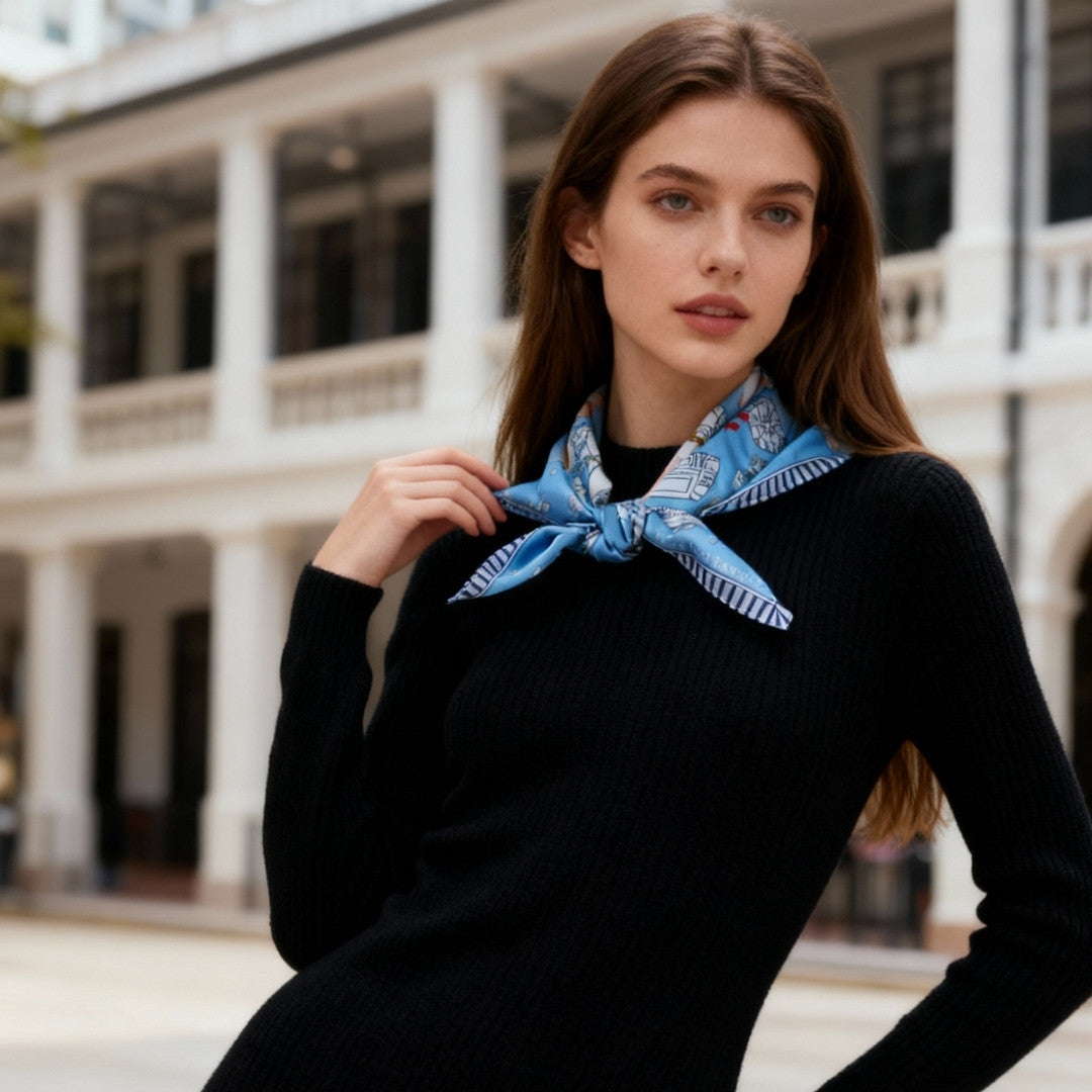 Let's Yum Cha Victoria Harbour Blue Silky Scarf (60cm)