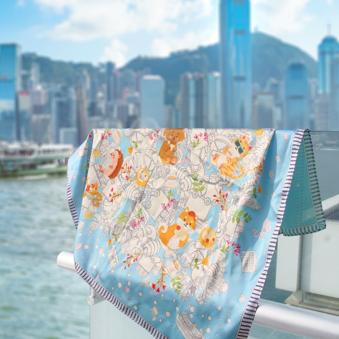 Let's Yum Cha Victoria Harbour Blue Silky Scarf (60cm)