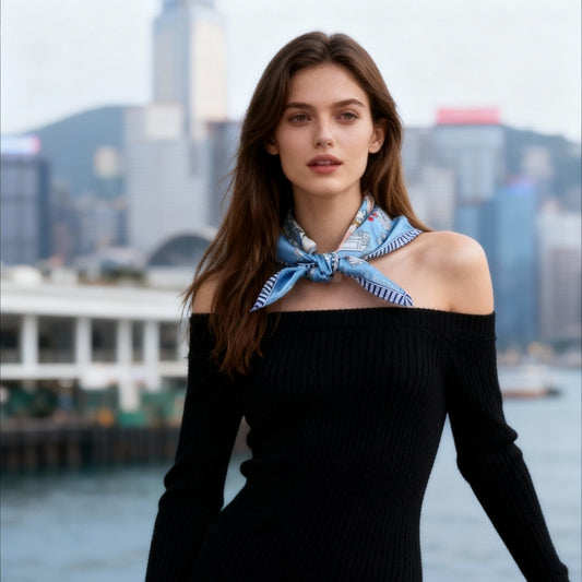 Let's Yum Cha Victoria Harbour Blue Silky Scarf (60cm)