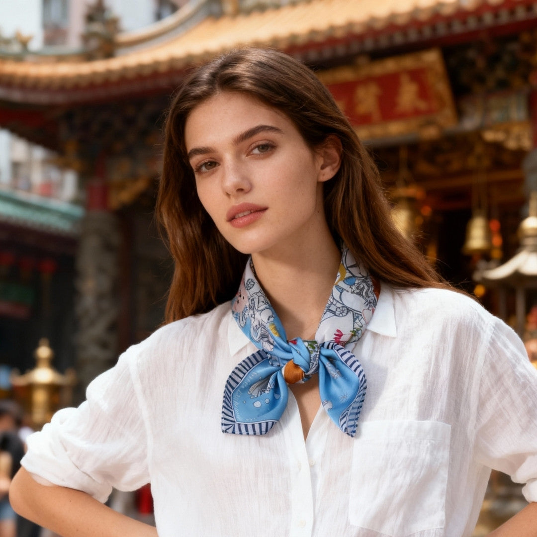 Let's Yum Cha Victoria Harbour Blue Silky Scarf (60cm)