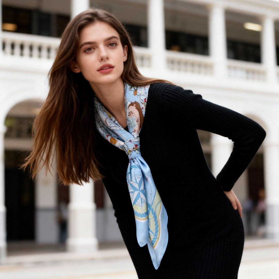 Let's Yum Cha Ice Blue Ferry Silky Scarf (90cm)