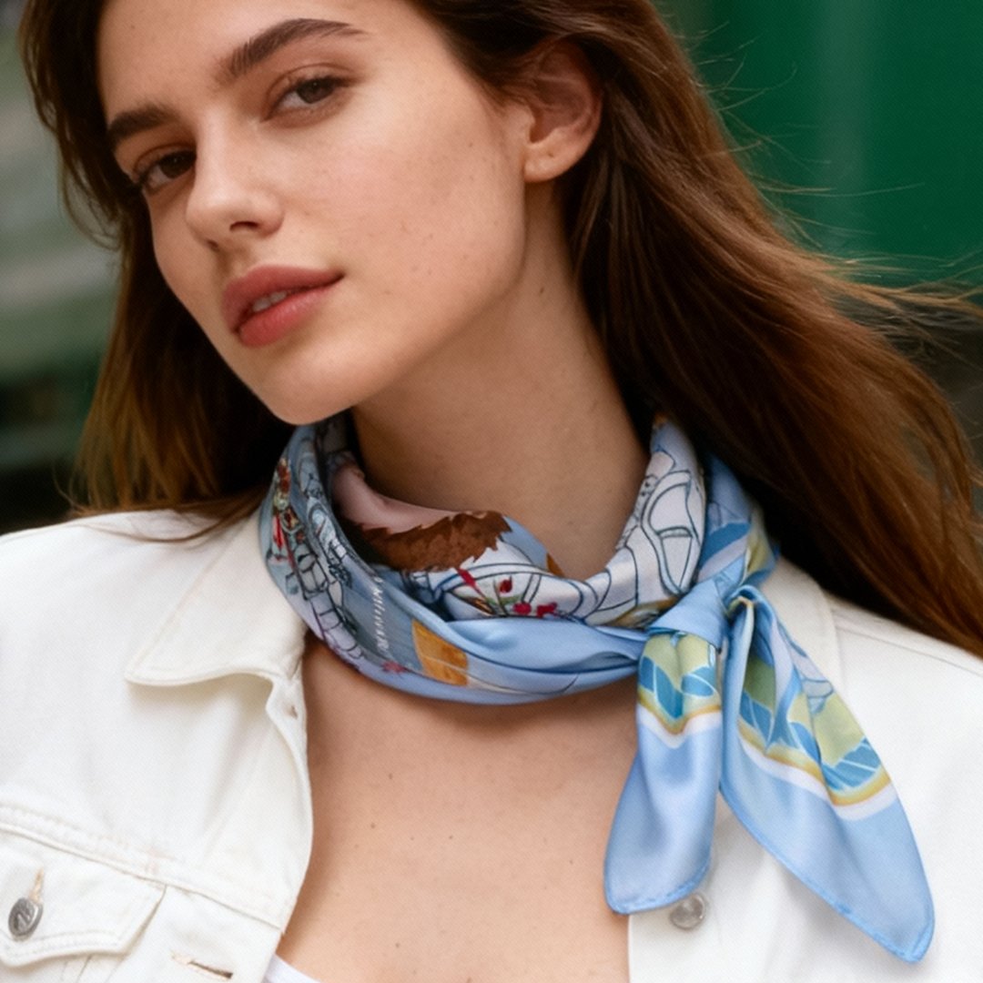 Let's Yum Cha Ice Blue Ferry Silky Scarf (90cm)