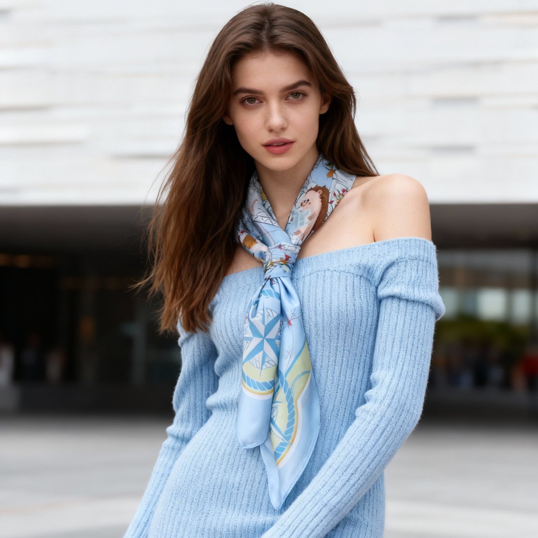 Let's Yum Cha Ice Blue Ferry Silky Scarf (90cm)