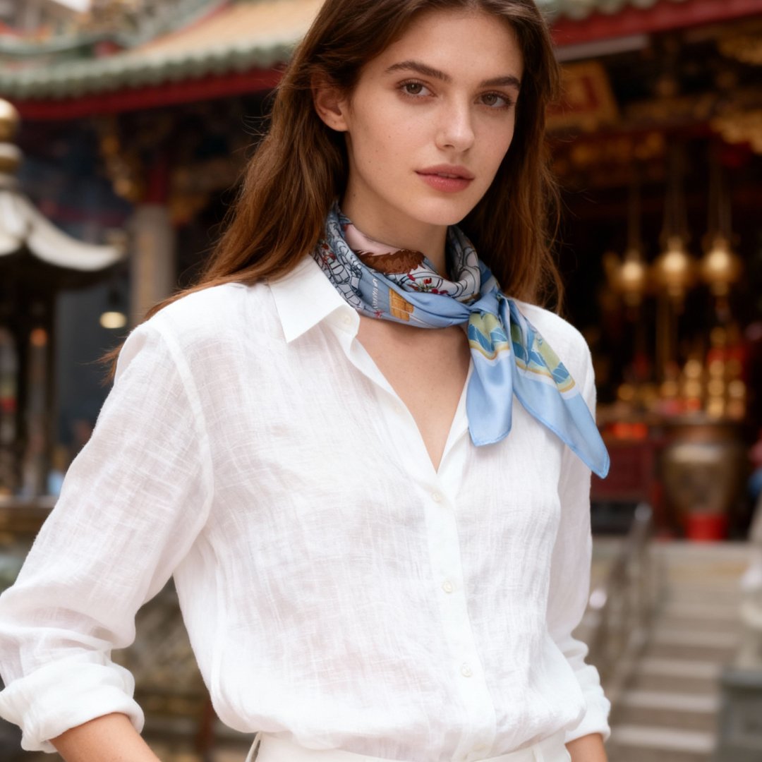 Let's Yum Cha Ice Blue Ferry Silky Scarf (90cm)