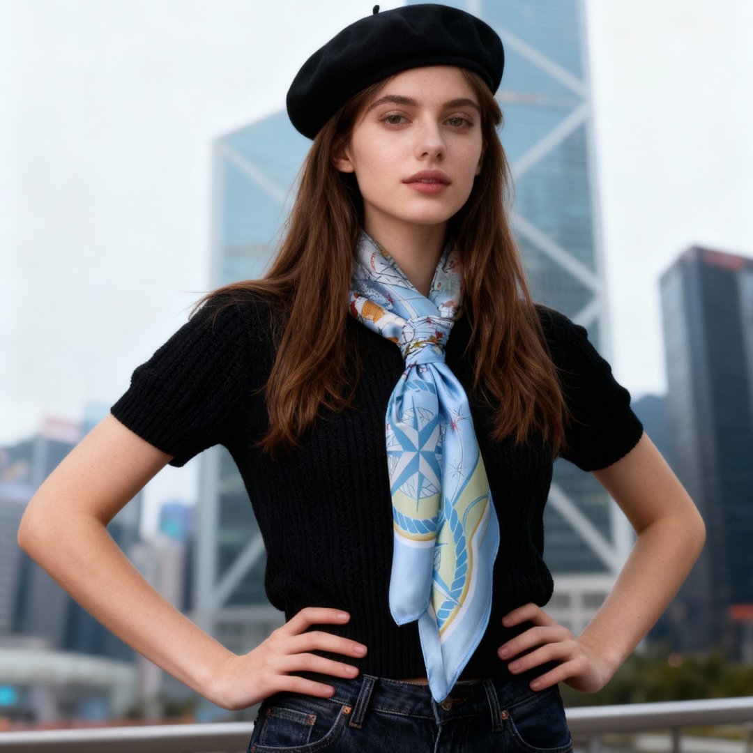 Let's Yum Cha Ice Blue Ferry Silky Scarf (90cm)