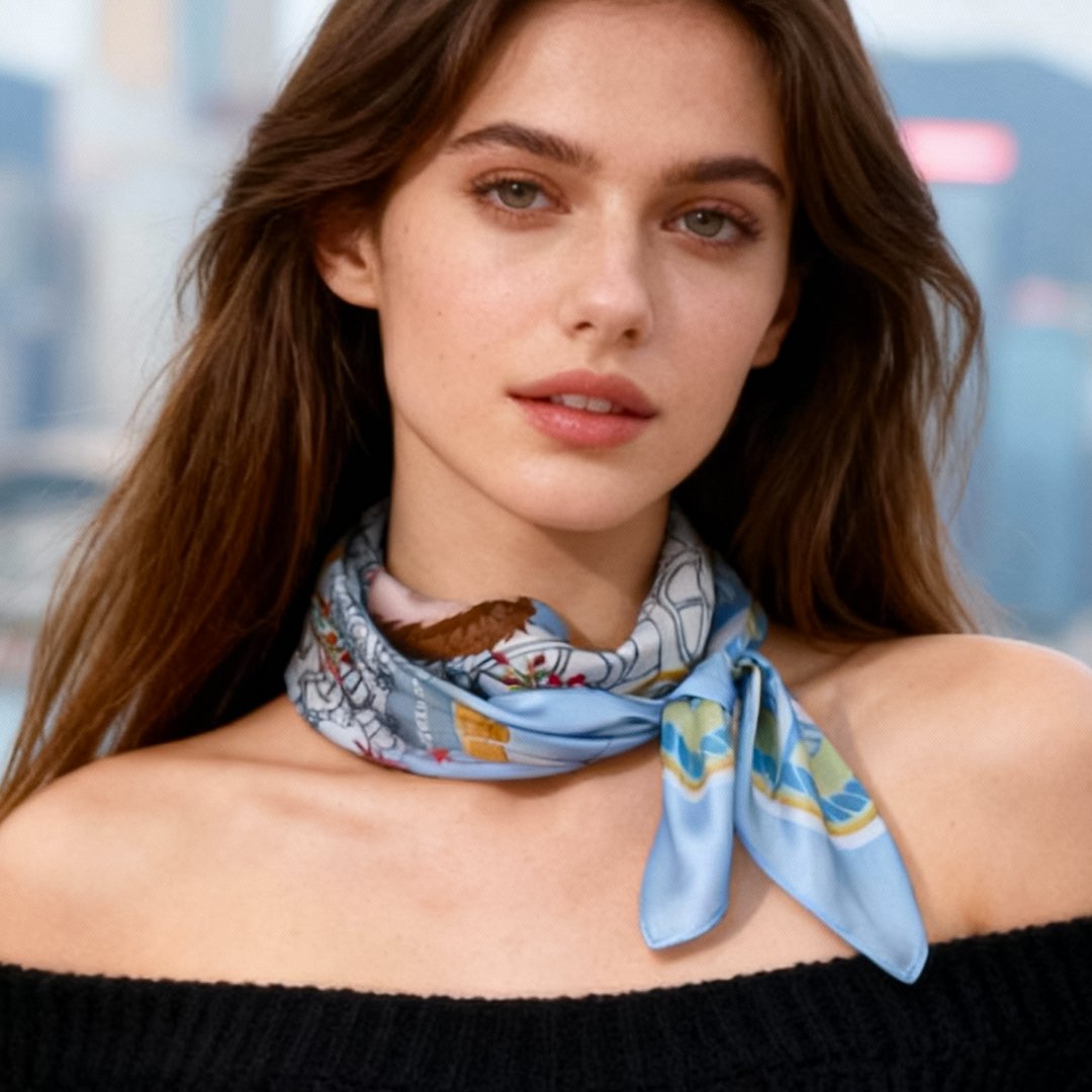 Let's Yum Cha Ice Blue Ferry Silky Scarf (90cm)