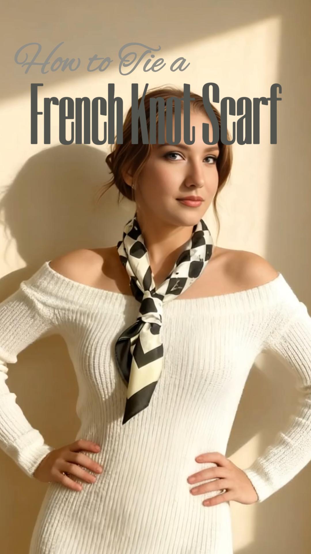 Woman wearing a black and white patterned scarf, with text 'How to Tie a French Knot Scarf' on a beige background.
