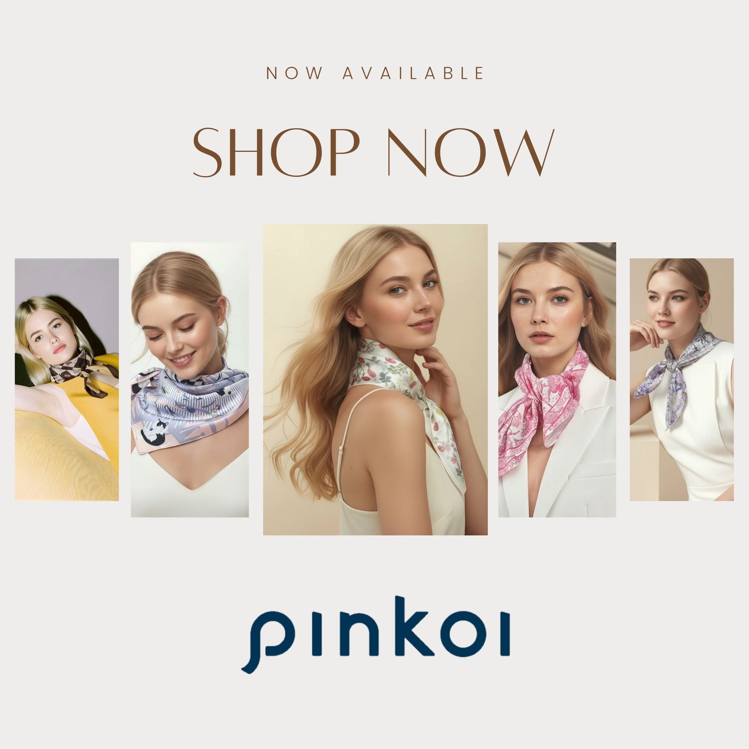 Promotional image for Pinko scarves with models wearing them, featuring the 'Shop Now' call to action.