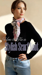 Woman wearing a stylish scarf with text on a beige background