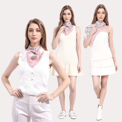 Three images of a woman wearing a white outfit with a pink scarf on a white background