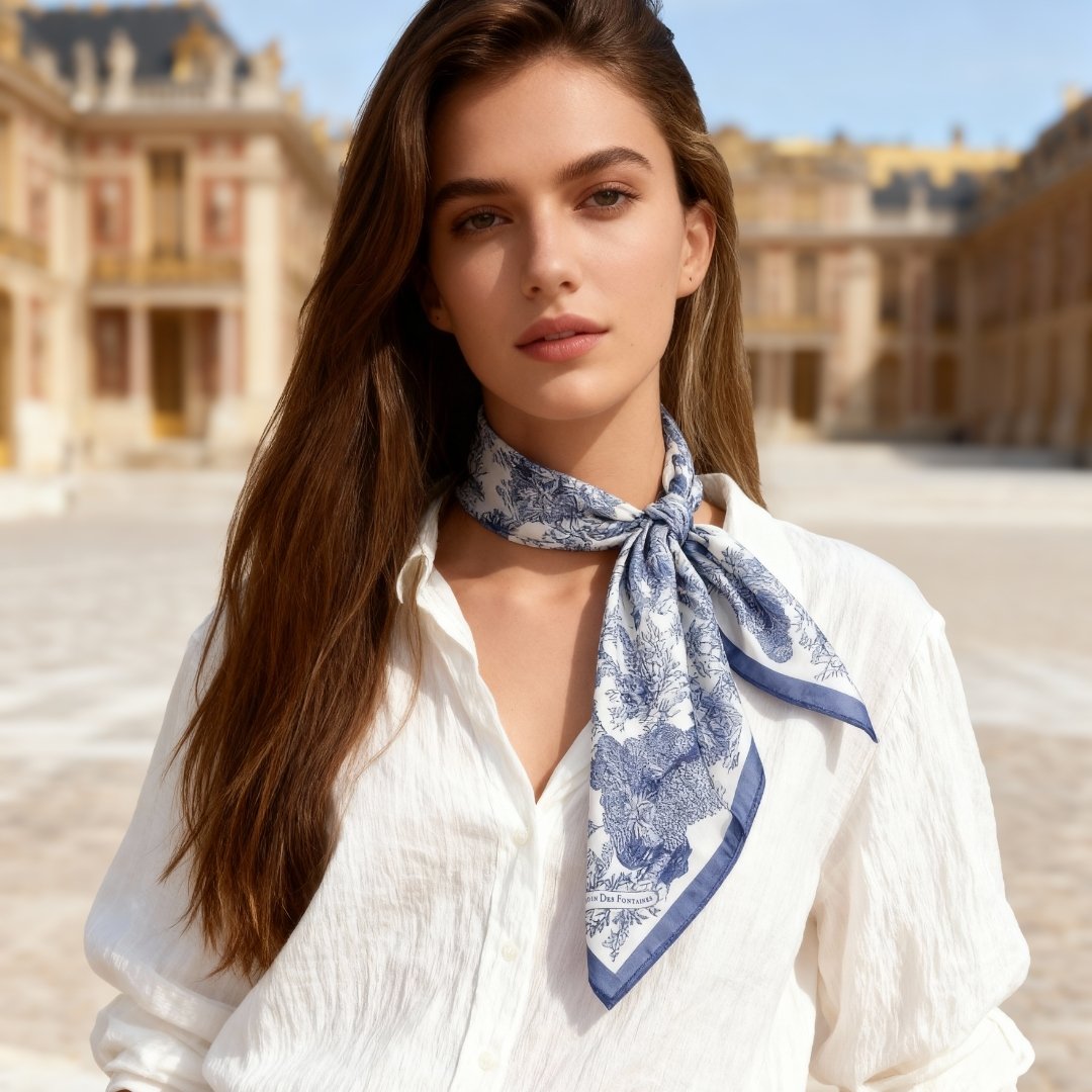 Toile De Jouy Dusty Blue Silky Scarf (60cm)