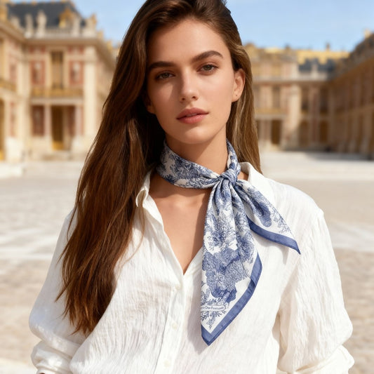 Toile De Jouy Dusty Blue Silky Scarf (60cm)