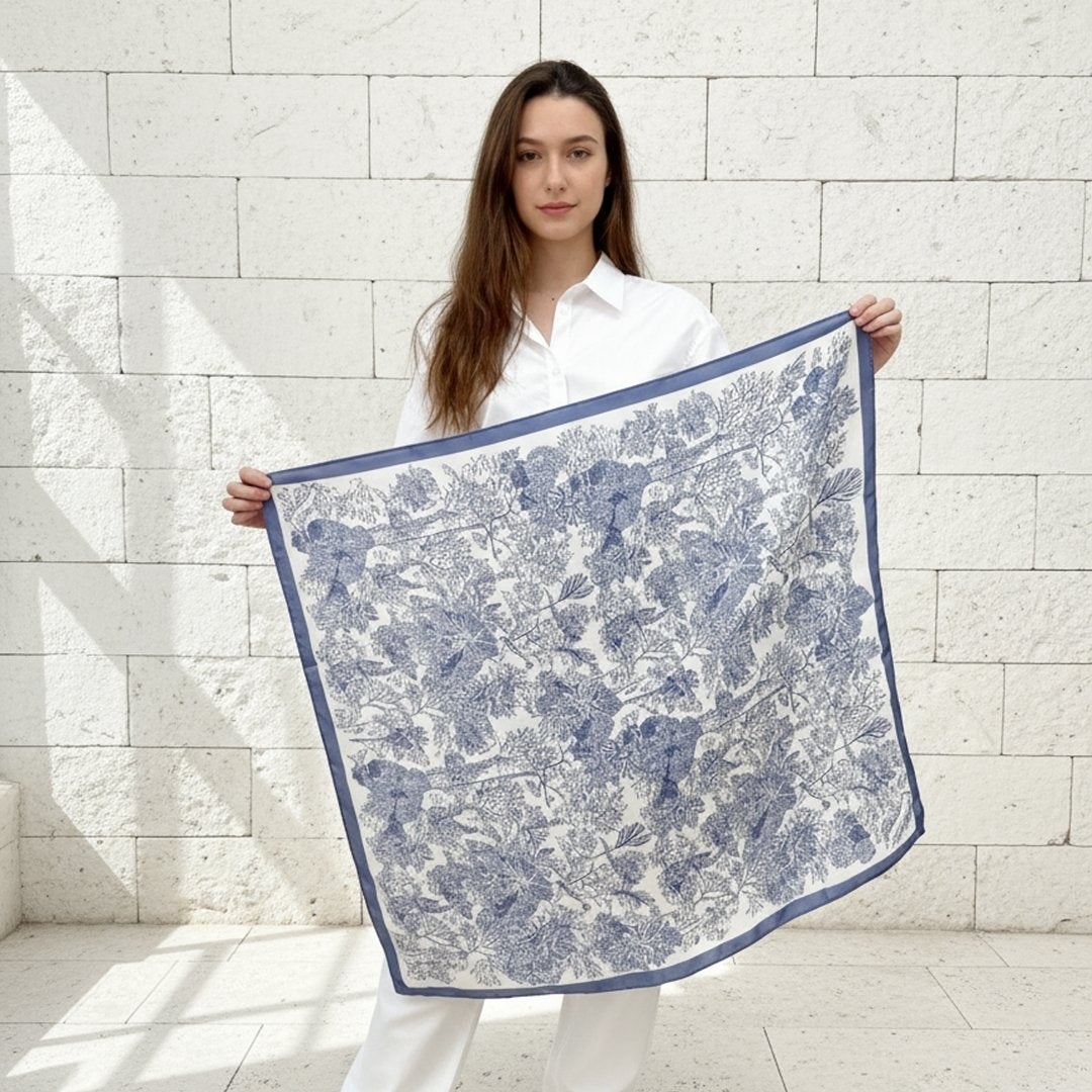 Toile De Jouy Dusty Blue Silky Scarf (60cm)