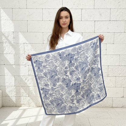 Toile De Jouy Dusty Blue Silky Scarf (60cm)