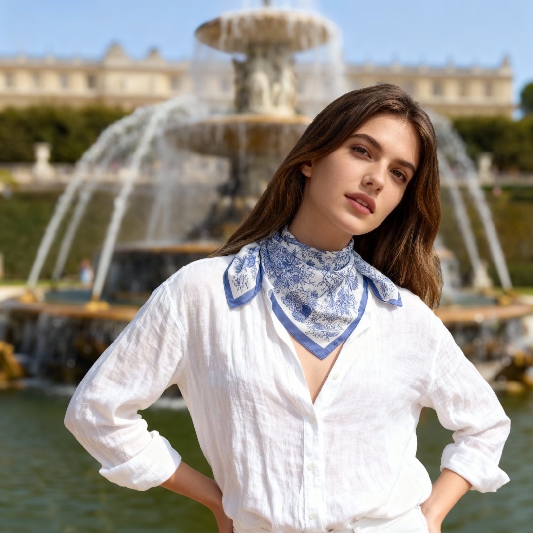 Toile De Jouy Dusty Blue Silky Scarf (60cm)