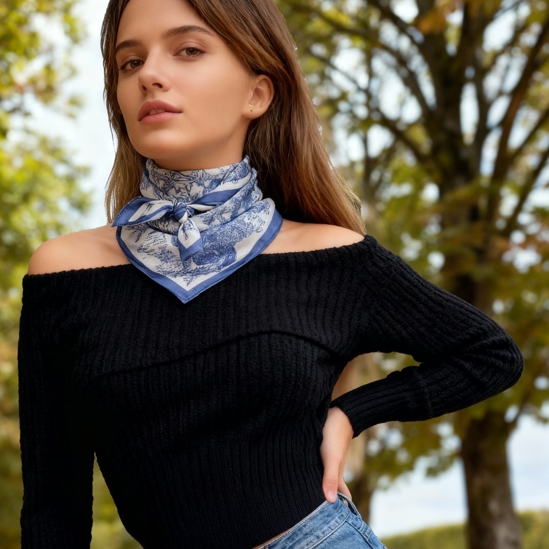 Toile De Jouy Dusty Blue Silky Scarf (60cm)