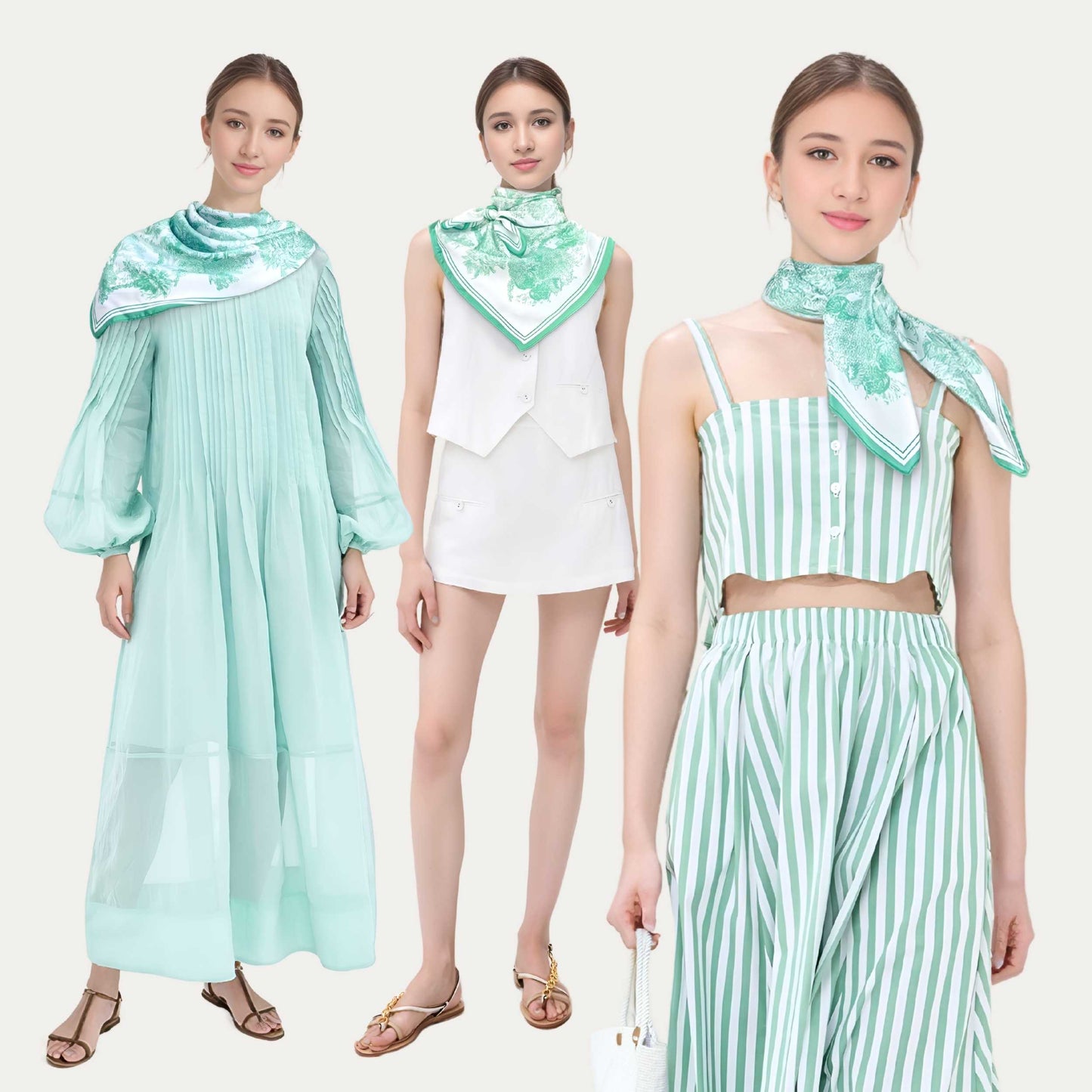 Toile De Jouy Mint Green Silky Scarf (90cm)