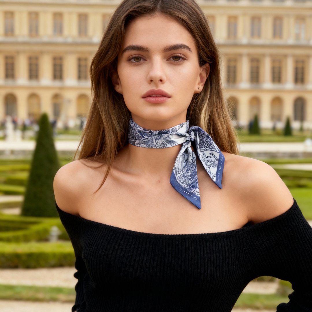 Toile De Jouy Dusty Blue Twilly Silky Scarf (105cm)