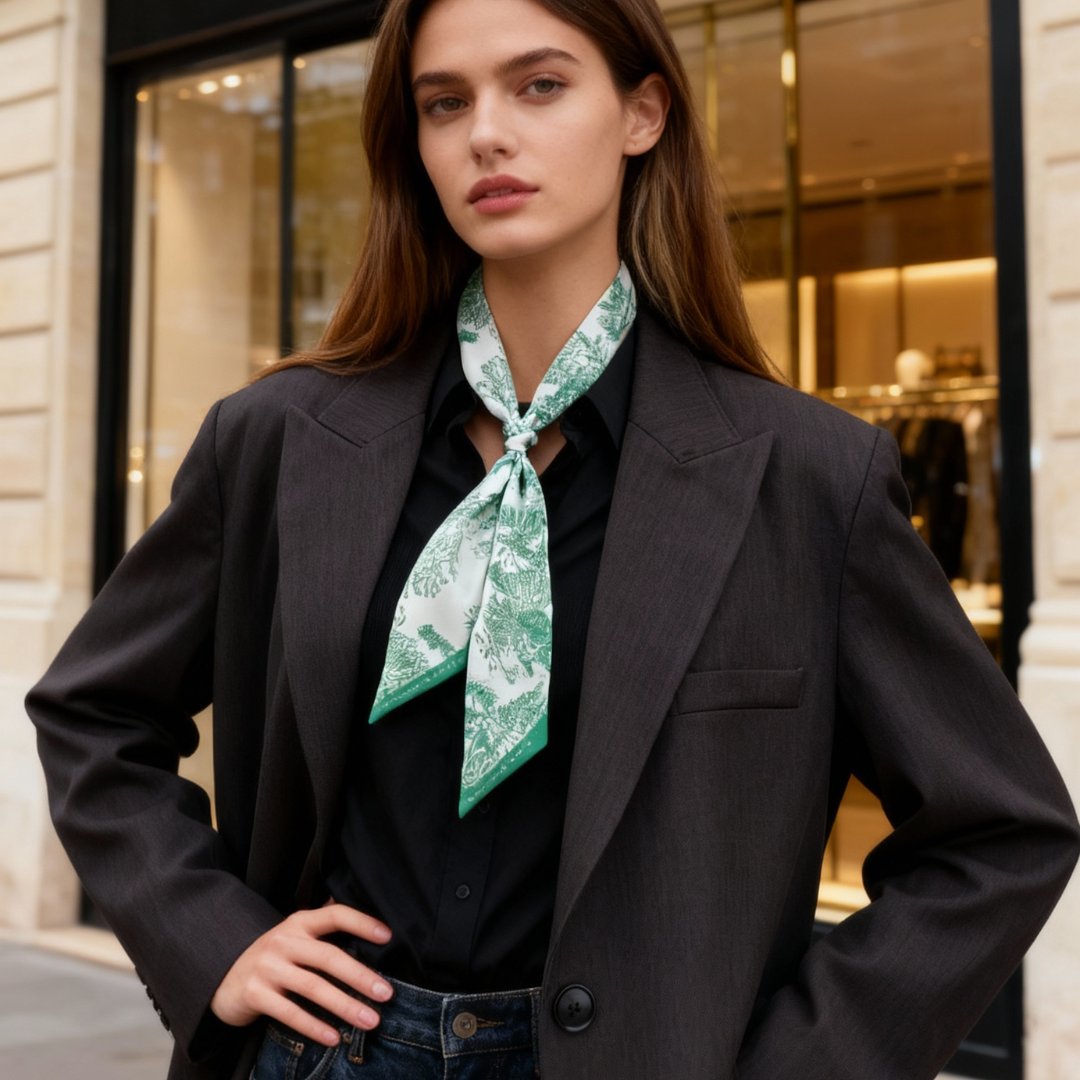 Toile De Jouy Mint Green Twilly Silky Scarf (105cm)