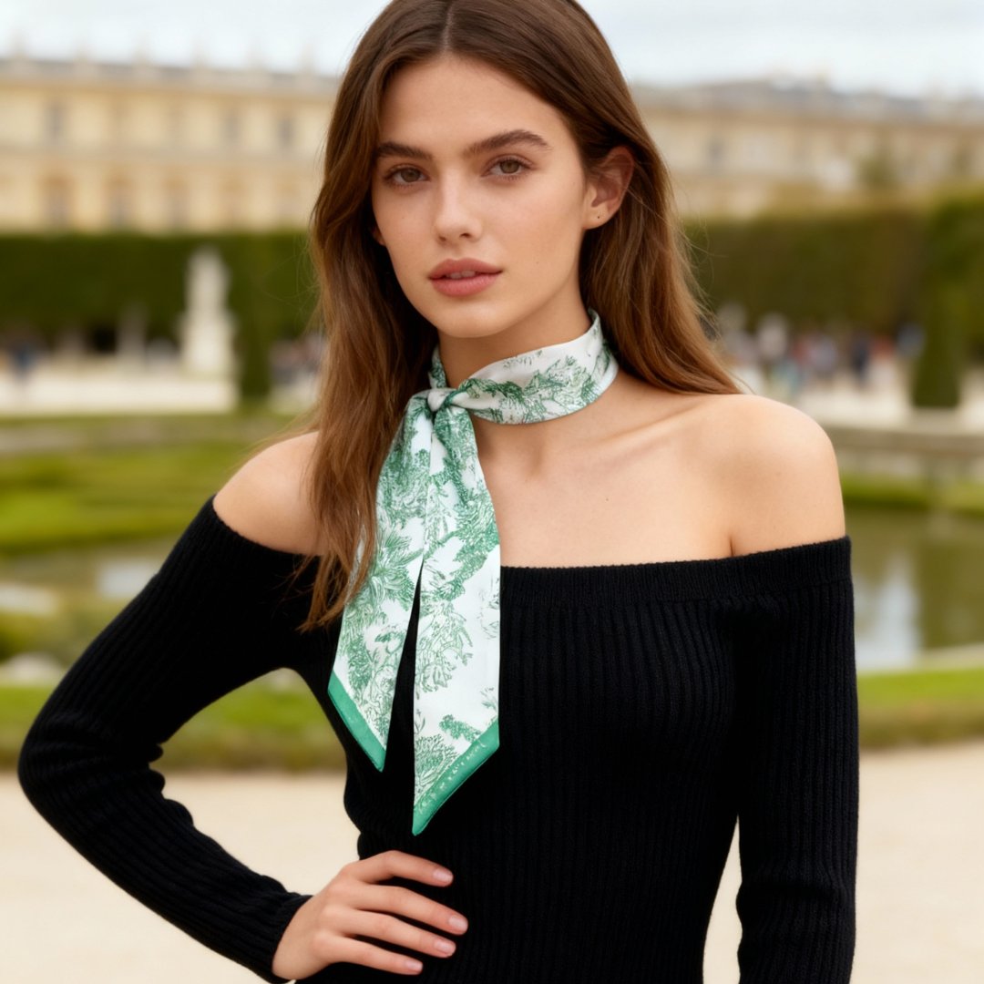 Toile De Jouy Mint Green Twilly Silky Scarf (105cm)