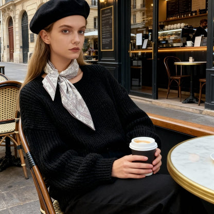 Toile De Jouy Pinkish Gray Silky Scarf Gift Set (Double Face Silky Scarf and Scarf Ring)