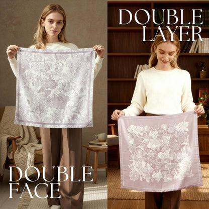 Toile De Jouy Pinkish Gray Silky Scarf Gift Set (Double Face Silky Scarf and Scarf Ring)