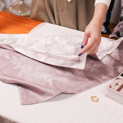 Toile De Jouy Pinkish Gray Silky Scarf Gift Set (Double Face Silky Scarf and Scarf Ring)