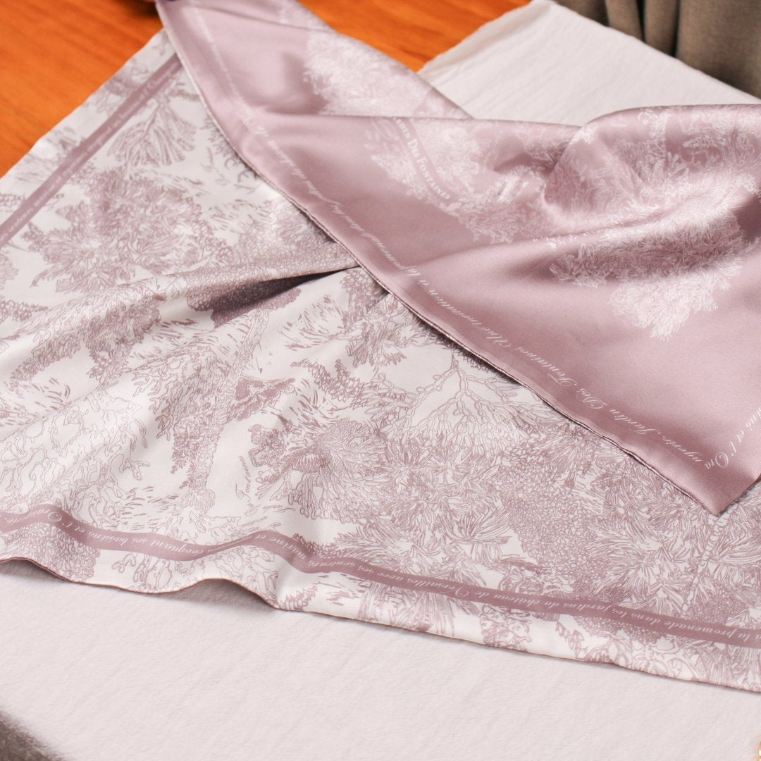 Toile De Jouy Pinkish Gray Silky Scarf Gift Set (Double Face Silky Scarf and Scarf Ring)